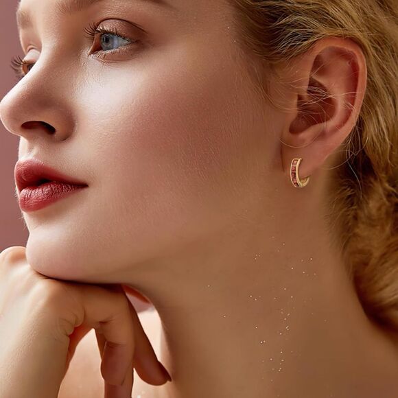 14K Yellow Gold with Red Garnet Cubic Zirconia Princess Cut Huggie Earrings - Picture 4 of 5